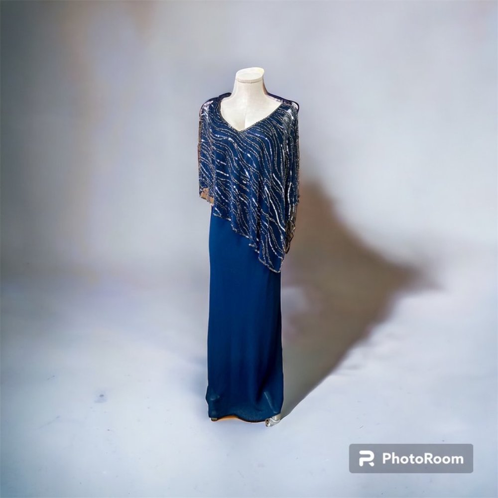 Lovely Navy Long Dress with Beaded Overlay